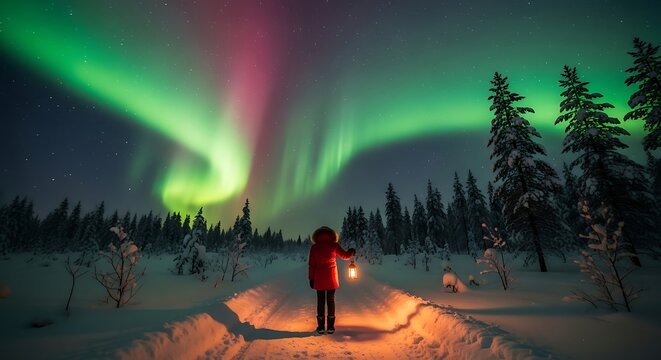 A person admiring the mesmerizing aurora borealis or northern lights over a snowy forest landscape - Powered by Adobe