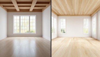 Fototapeta premium Empty room with wooden beams and large windows, showcasing a bright and airy interior design.