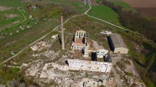 Aerial view of a destroyed factory. Remains of buildings 02