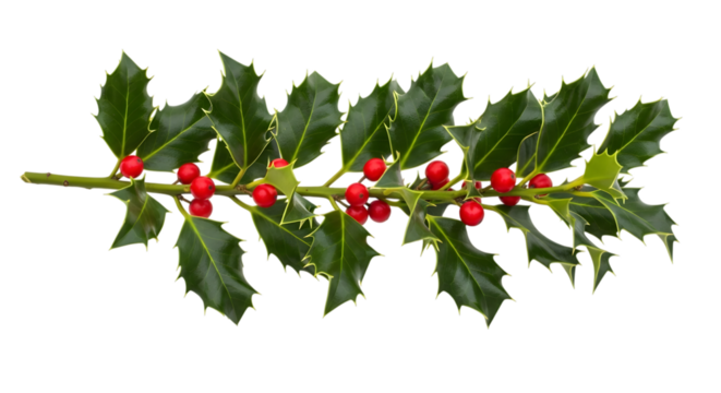 A single branch of holly with green leaves and red berries, isolated on transparent background