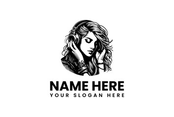 Elegant Woman in Headphones Logo Design A Stylish Black and White Illustration Perfect for Music, Audio, and Artistic Branding Identity Concept
