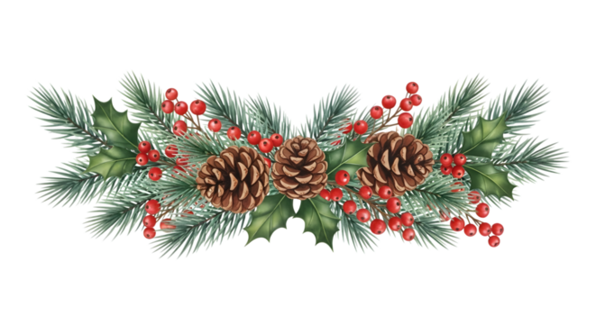 A festive christmas garland with pine cones, fir branches, and red berries, isolated on transparent background