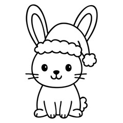 Dibujo sencillo con líneas de conejo simpático con sombrero de Santa Claus para tarjetas y felicitaciones de Navidad
