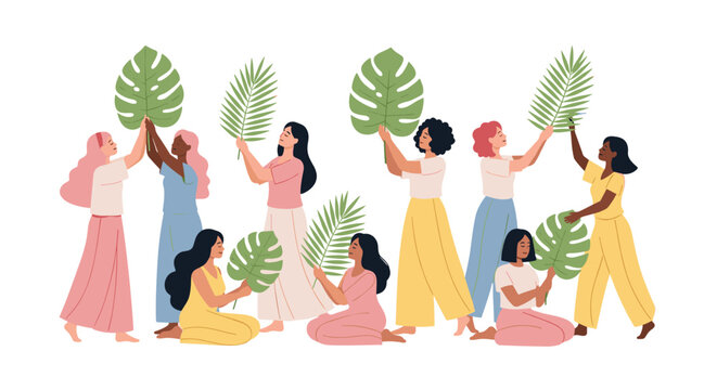 Group of diverse women holding and touching tropical leaves, white background