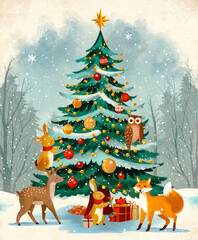 Woodland Animals Gathering Around a Decorated Pine Tree to Celebrate Christmas in a Vintage Winter Forest