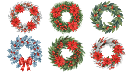 Collection of six christmas wreaths with poinsettias and berries, isolated on transparent background