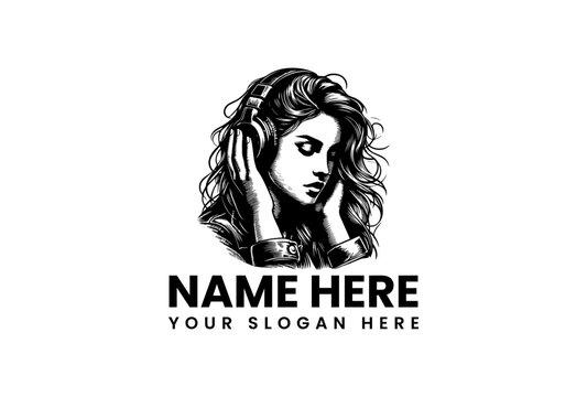 Detailed monochromatic vector illustration of a young woman passionately listening to music through vintage-style headphones, perfect for audio branding or creative design
