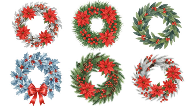 Collection of six christmas wreaths with poinsettias and berries, isolated on transparent background