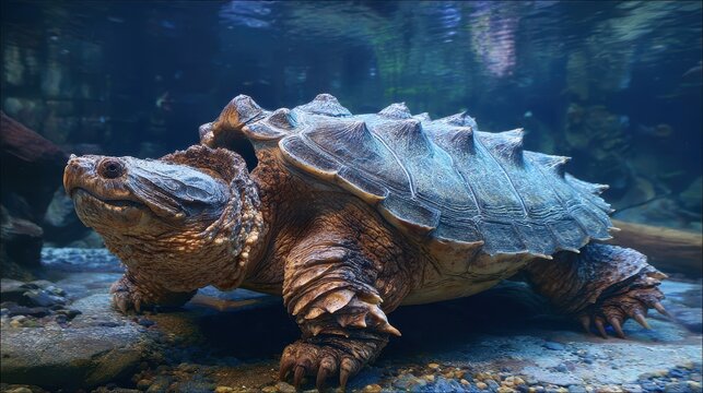 Alligator Snapping Turtle Swimming Gracefully in a Tropical Aquarium Setting