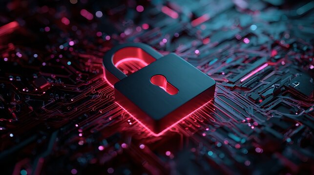 Cybersecurity lock protecting digital data on glowing circuit board represents modern security solutions for online privacy and data safety