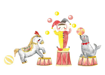 Circus characters set. Child acrobat, cute circus animals with drums. Watercolor illustration or horse, acrobat and seal isolated. Can used for cards, perfomance, banners.