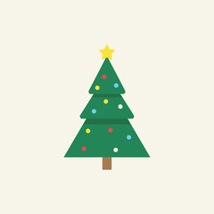 A simple, stylized green Christmas tree with colorful ornaments and a yellow star on a light background.