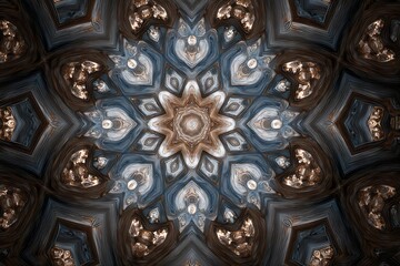 Obraz premium Intricate kaleidoscope pattern with swirling textures in shades of brown and blue radiates from center