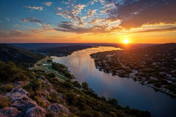 Breathtaking Aerial View of Lago Vista Texas at Sunset: A Hill Country Landscape Overlooking the River and Town