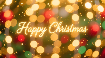 Naklejka premium Golden bokeh lights cascading softly, “Happy Christmas” written in luminous script across the center, subtle red and green hues in the blur — bright and joyful.