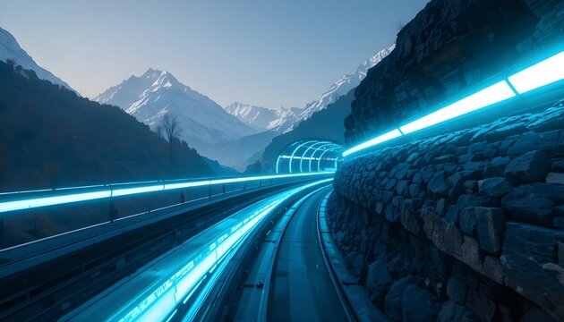 Murree & Islamabad Hyperloop &mdash; futuristic high-speed connection through mountains, tunnels glowing with AI light patterns.

