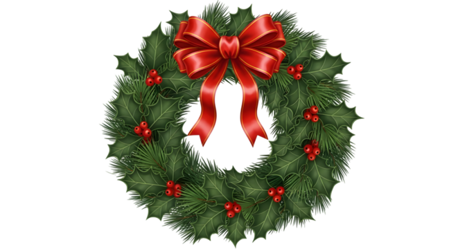 A festive christmas wreath made of green fir branches and holly with a red bow isolated on transparent background