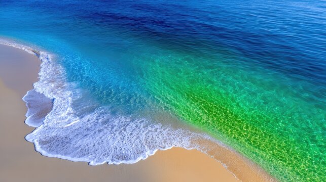 Serene Aerial View of a Beach Shoreline with Turquoise and Green Ocean Water and Gentle Waves