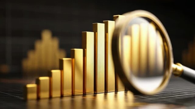 A magnifying glass over a gold bar chart with rising bars, symbolizing financial growth.