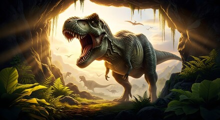 A fearsome tyrannosaurus rex emerges from a dark cave, roaring into the prehistoric sunlight, with pterodactyls flying in the distant misty landscape