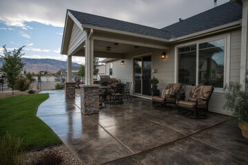 Charming Backyard Retreat: A New Construction Home Featuring a Stamped Concrete Patio and Cozy Outdoor Furniture