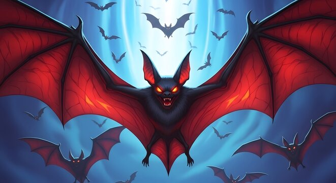 A menacing bat with large red wings flies towards the viewer, surrounded by a swarm of smaller bats against a dark, mystical blue background with a bright light source
