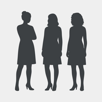 Three Female Silhouettes Standing in Dresses People Vector Illustration