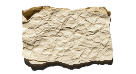 A crumpled piece of aged parchment paper with torn edges casting a subtle shadow on a white background, perfect for vintage or historical design elements