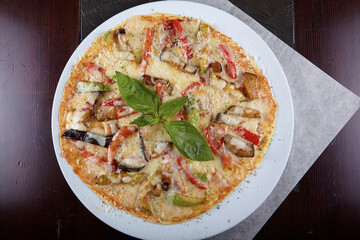 pizza on a wooden table