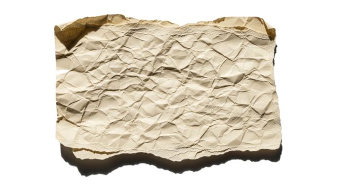 A crumpled piece of aged parchment paper with torn edges casting a subtle shadow on a white background, perfect for vintage or historical design elements