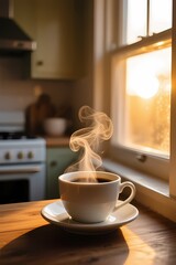 Fototapeta premium Steaming Coffee Cup at Golden Hour with Analog Film Grain.