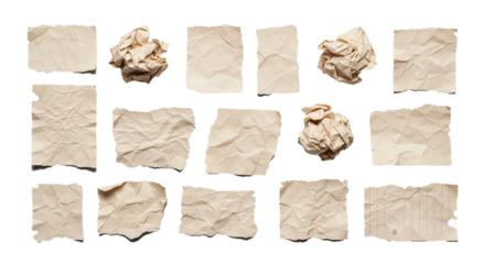 Collection of crumpled and torn paper pieces, showcasing textures and aged appearance
