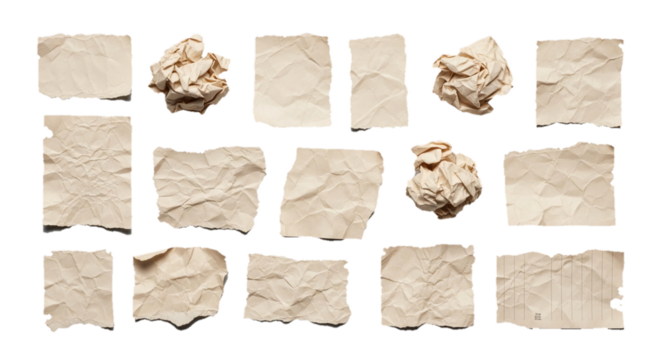 Collection of crumpled and torn paper pieces, showcasing textures and aged appearance