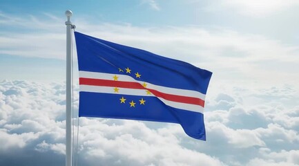 Cape Verde National Flag Waving on Tall Flagpole in Sky with Clouds Cape Verde Independence Day Celebration, Patriotism, Freedom, African Culture & Heritage - Powered by Adobe