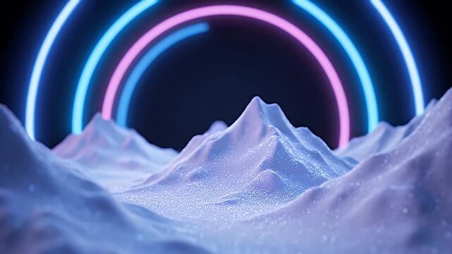 Abstract Snowy Mountains Landscape with Blue and Pink Neon Rings Against Black Background, Digital Render With Soft Lighting, Winter Scene