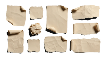 Collection of torn and crumpled paper pieces isolated on a white background, showcasing diverse textures and edges