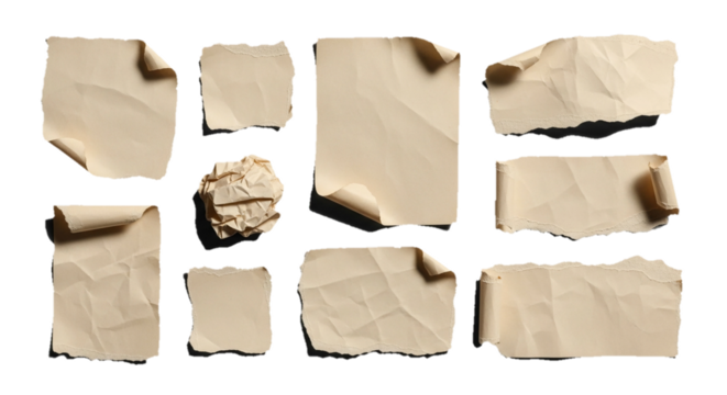 Collection of torn and crumpled paper pieces isolated on a white background, showcasing diverse textures and edges