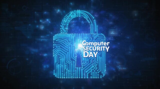 Digital padlock representing Computer Security Day with circuit board and glowing protection.