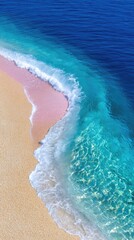 Pastel Aerial View of a Sparkling Golden Beach Meeting Clear Turquoise Ocean Waters with Gentle Waves Splashing on the Shore