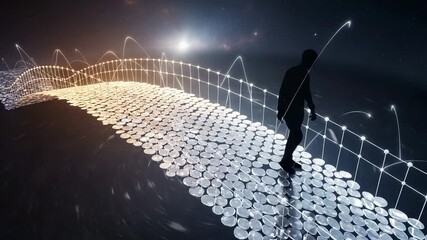 Man navigating data bridge into unknown future with rising financial graphs, symbolizing growth and innovation in the digital age journey - Powered by Adobe
