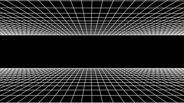 3d perspective grid lines loop animation retro background Black dark background grid technology video 4K. Information hologram overlay asset internet data concept.Seamless polygon dots digital motion 