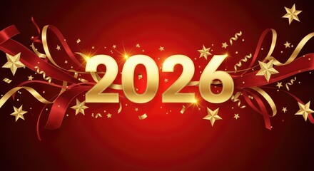 Celebrate a dazzling golden 2026 new year with festive ribbons and stars on a vibrant red background for your special events and invitations this season