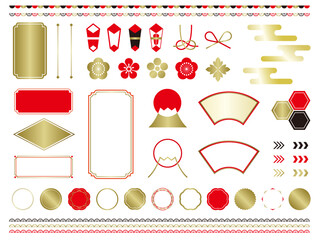 年賀状や正月のデザインに使える装飾のベクターグラフィック要素のコレクション。日本的なフレーム、ラベル、ボーダー、区切り線。