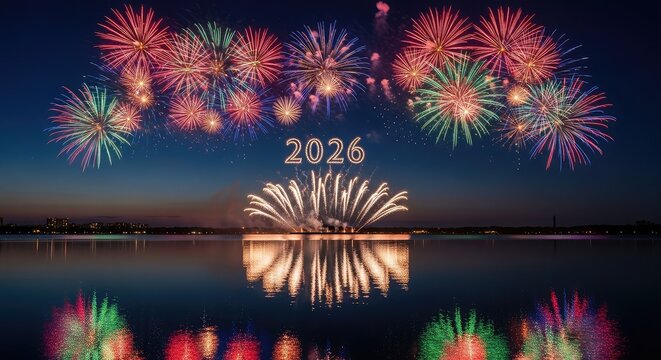 Celebrate 2026 with vibrant fireworks over tranquil lake waters at dusk reflecting the night sky for a stunning New Year's or Independence Day celebration