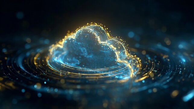 Dynamic digital cloud infrastructure glowing with vibrant energy, representing futuristic data technology and global connectivity