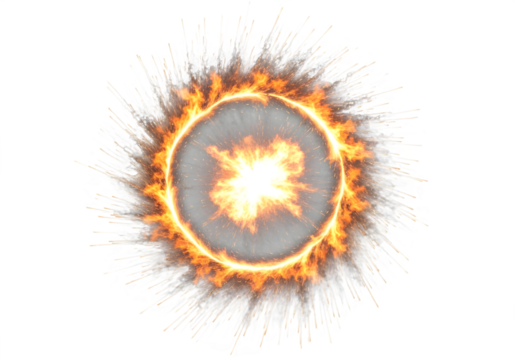 Fiery explosion with radiating energy and smoke against a black backdrop