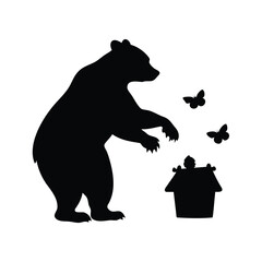 A Bear and a Birdhouse with Butterflies in a Black Silhouette, bear pawing at beehive silhouette vector illustration