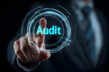 Business, Technology, Internet and network concept. Young businessman working on a virtual screen of the future and sees the inscription: Audit