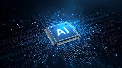 Advanced AI processor glowing brightly on intricate digital circuit board, symbolizing future technology and innovation