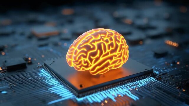 Glowing orange brain-shaped light perched on a microprocessor atop a blue circuit board.